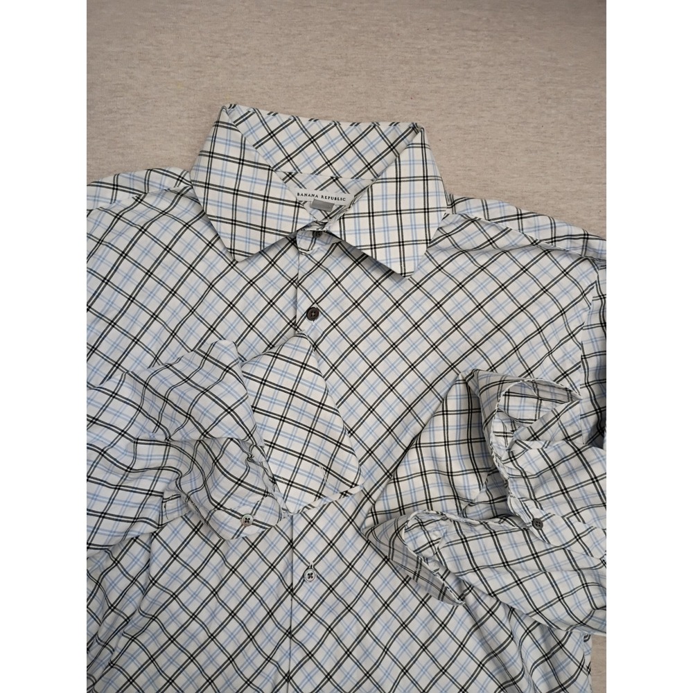 Banana Republic Mens XL Long Sleeve French Cuff Button Shirt Blue Plaid Bias